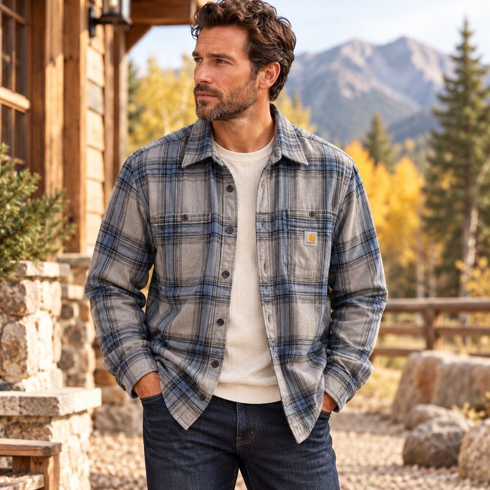 Carhartt Mens L Flannel Shacket Gray Blue Plaid Loose Fit Shirt